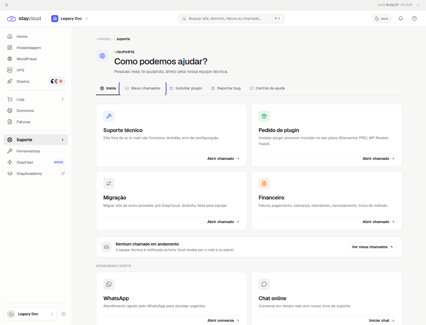 Opção Meus chamados na área de Suporte da StayCloud.