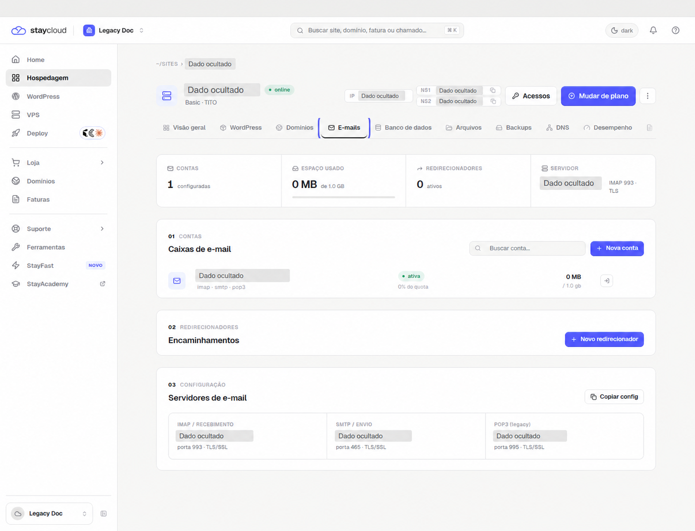 Área de contas de e-mail no Painel Novo da StayCloud.