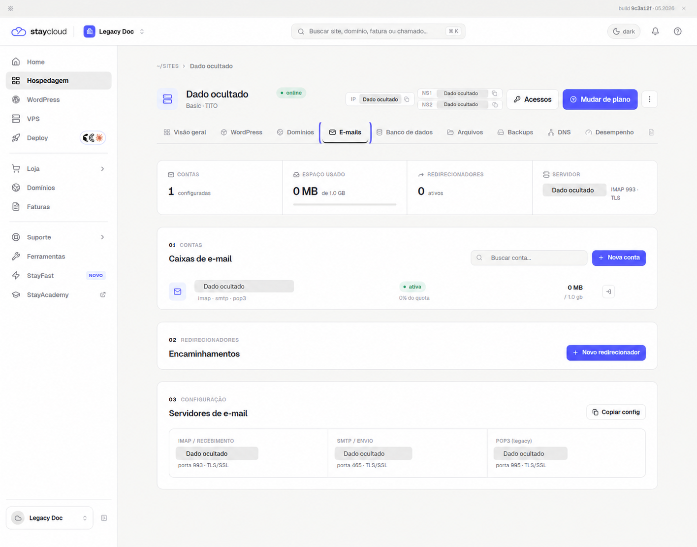 Uso atual e cota disponível da conta de e-mail.
