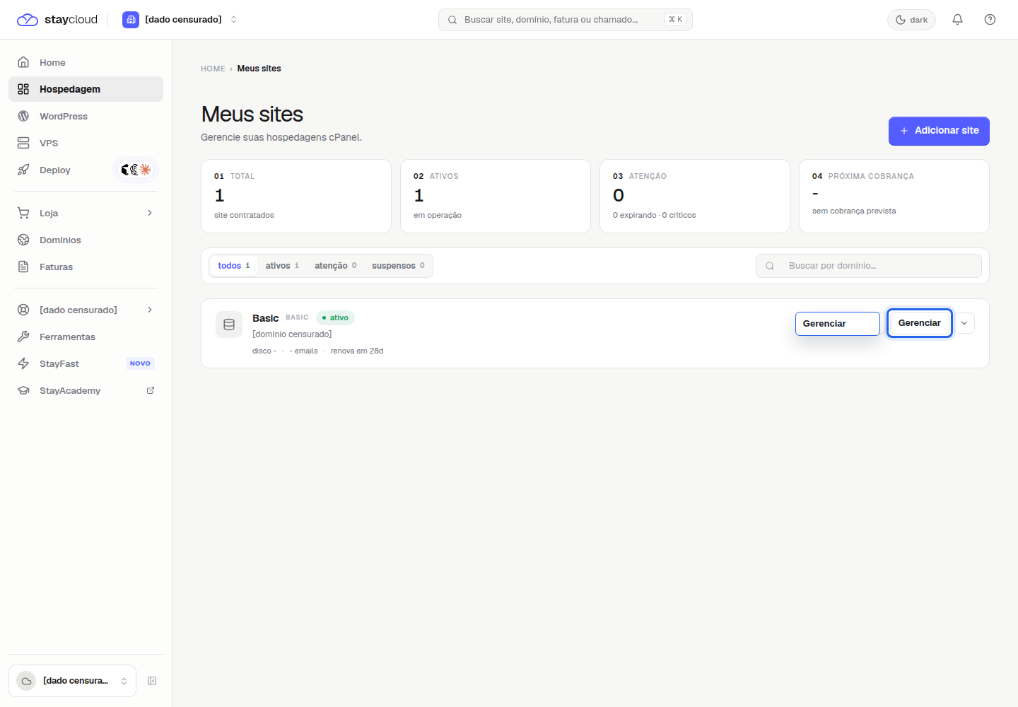 Webmail StayCloud acessado pelo botão Gerenciar do serviço correto