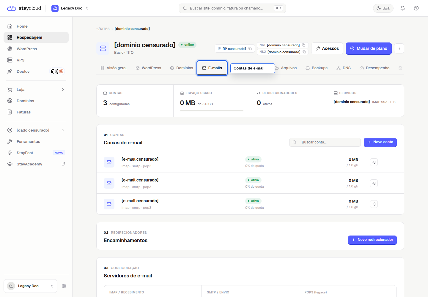 Área de E-mails no Painel Novo da StayCloud para gerenciar contas