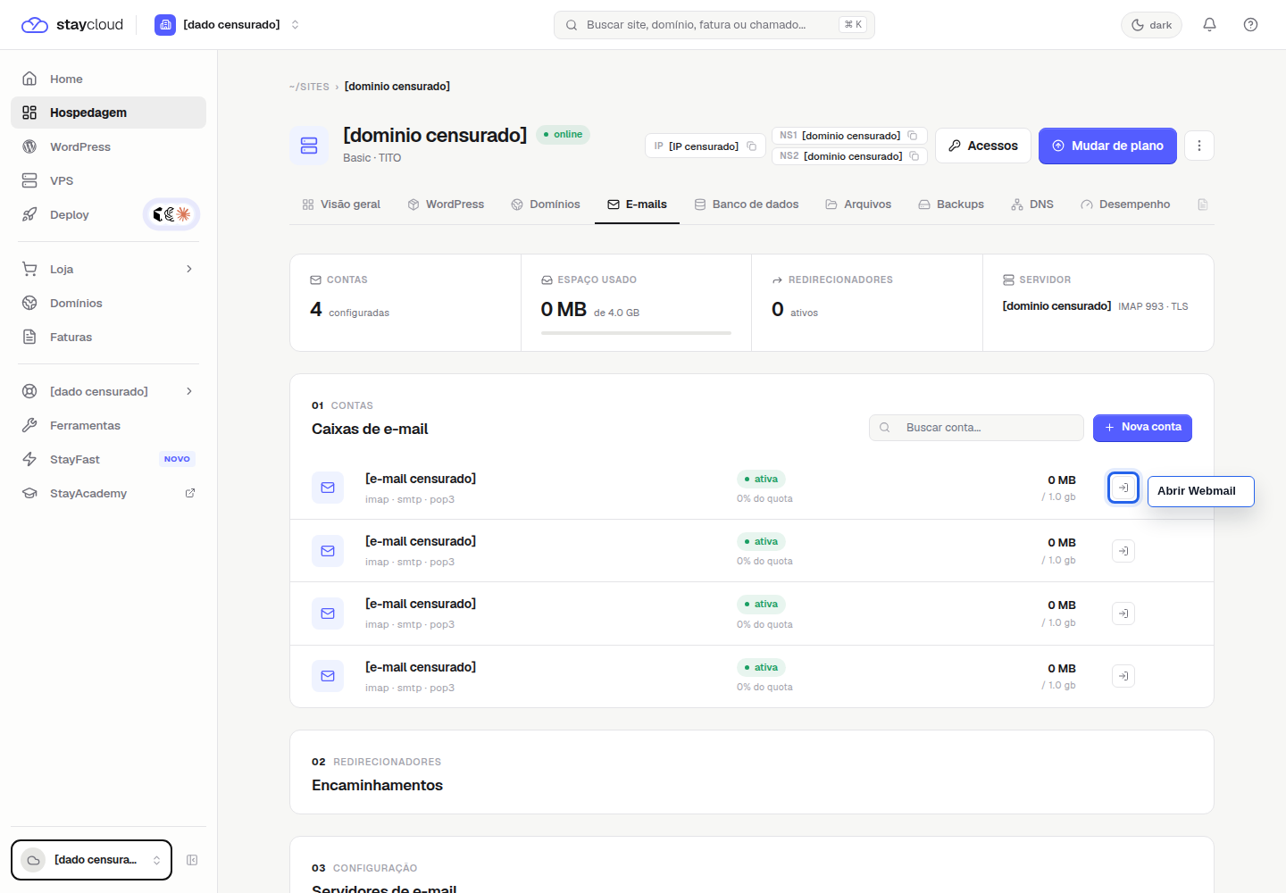 Botão Abrir Webmail para acessar o Webmail StayCloud pelo Painel Novo