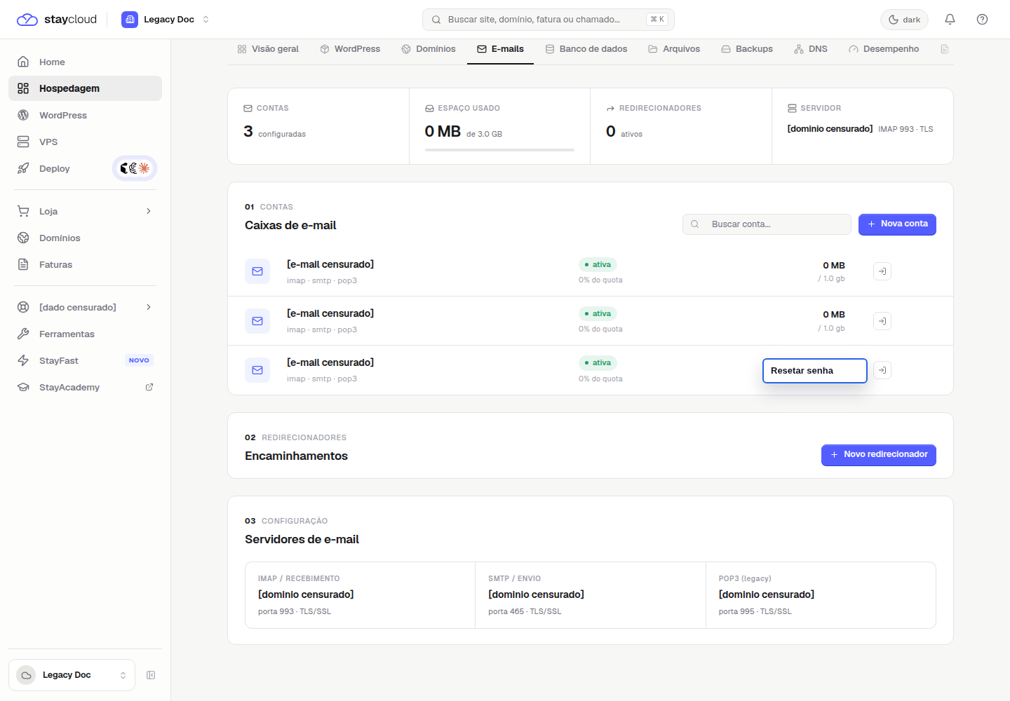 Ação Resetar senha em uma conta de e-mail StayCloud no Painel Novo
