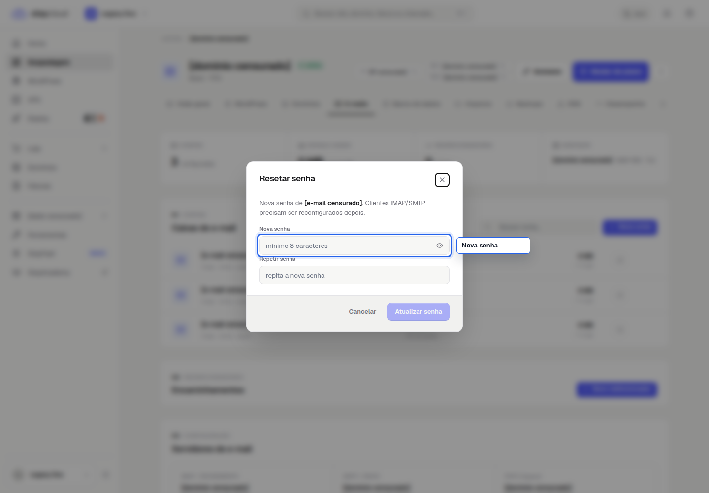 Alterar senha de e-mail StayCloud no modal de Resetar senha do Painel Novo