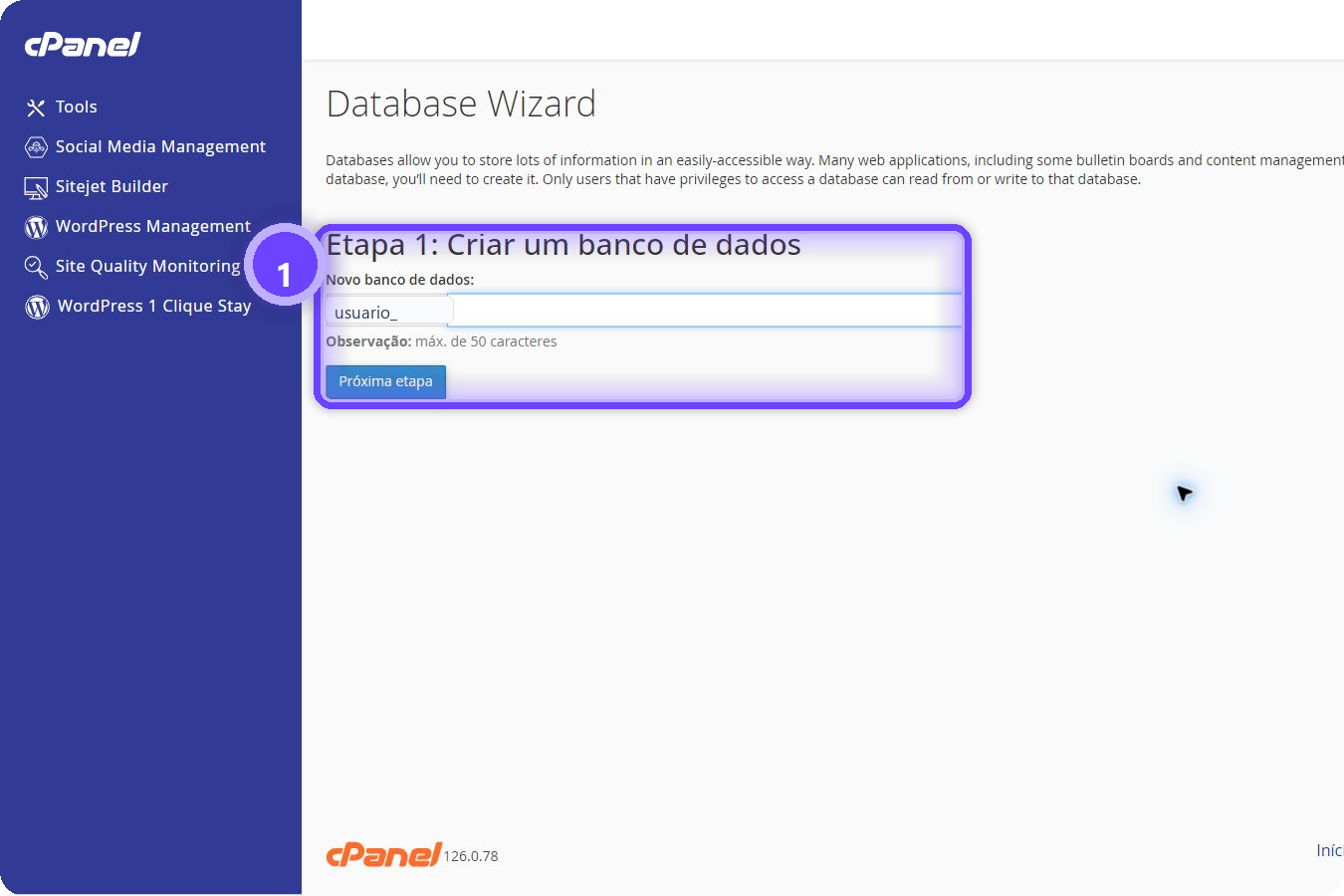 criar banco de dados MySQL cPanel - assistente aberto