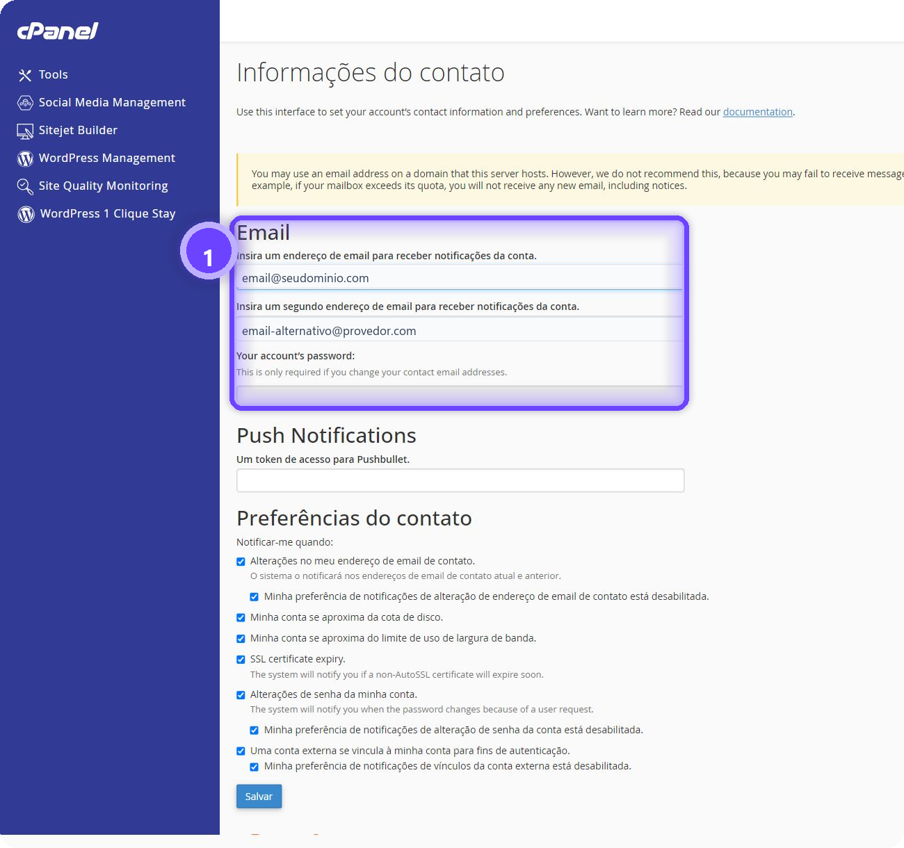 configurar email de contato cPanel - Informações do contato
