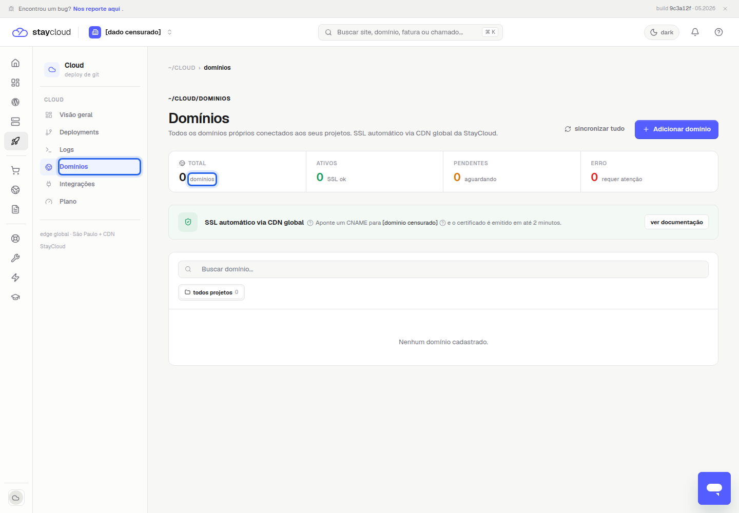 Área Domínios para domínio personalizado Deploy StayCloud