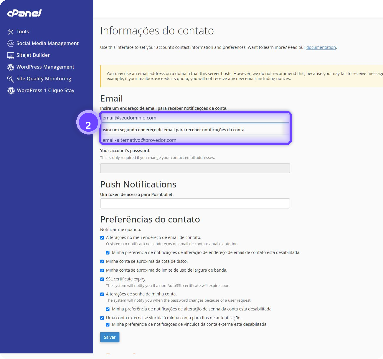 configurar email de contato cPanel - campos de e-mail