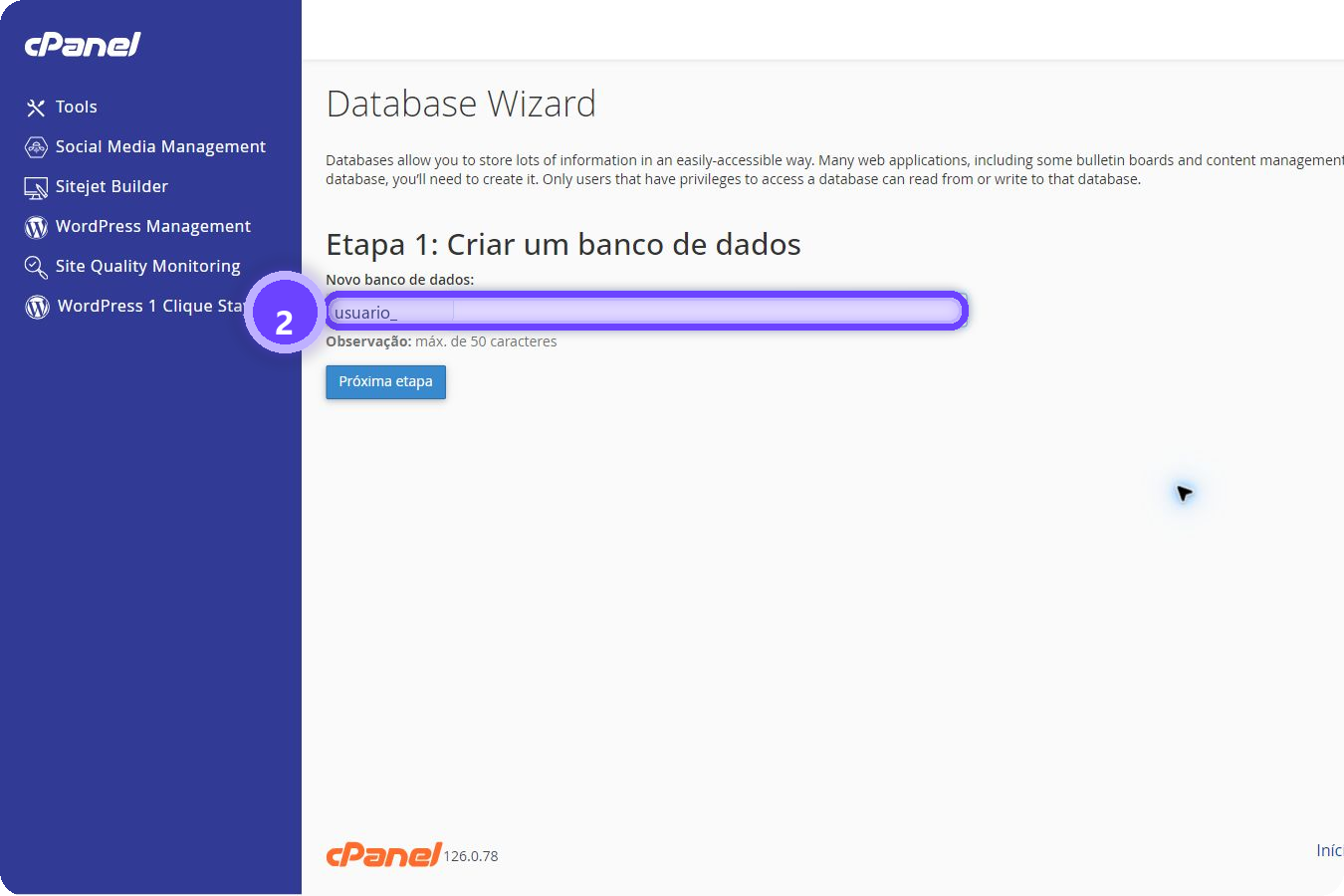 criar banco de dados MySQL cPanel - campo nome do banco