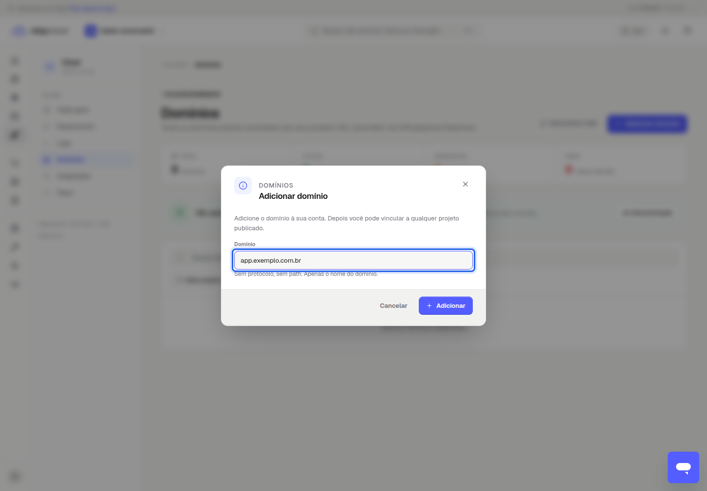 Campo para adicionar domínio personalizado Deploy StayCloud