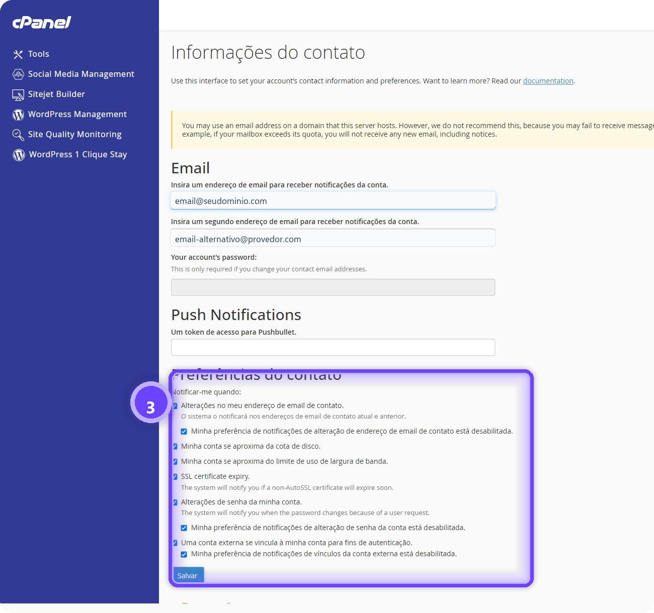configurar email de contato cPanel - preferências e salvar