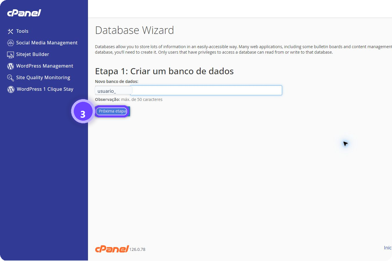 criar banco de dados MySQL cPanel - botão próxima etapa