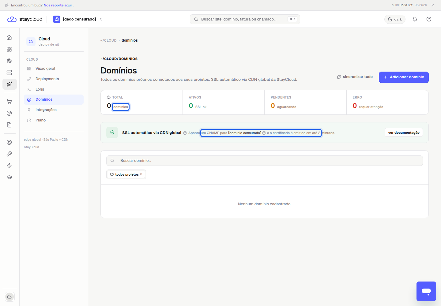 Registro CNAME para domínio personalizado Deploy StayCloud