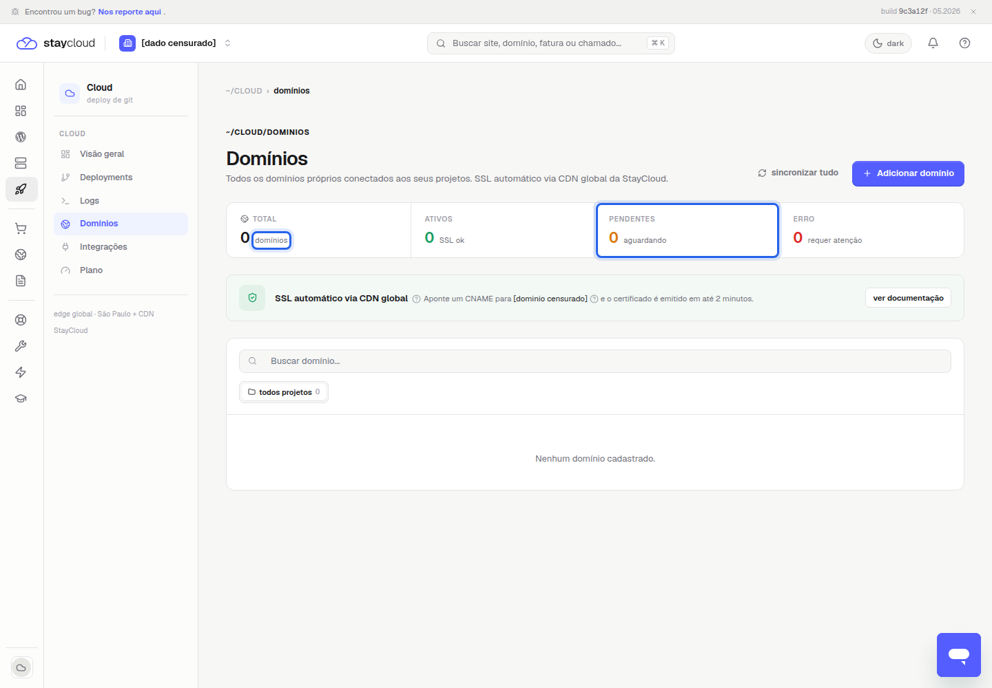 Status de validação do domínio personalizado Deploy StayCloud