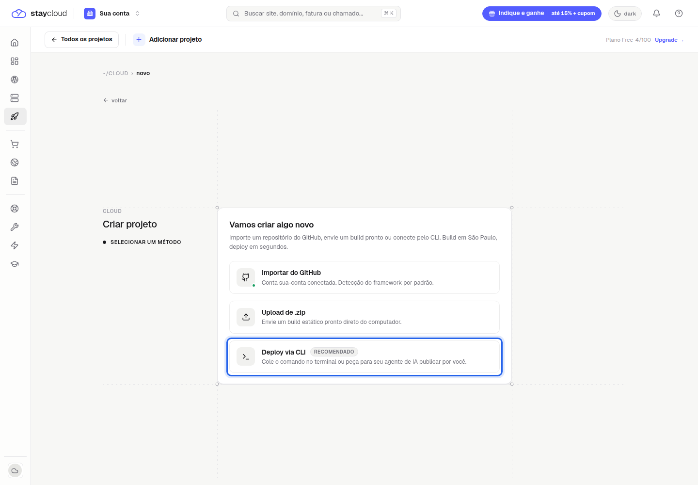 Opção Deploy via CLI usada para o deploy na StayCloud com IA