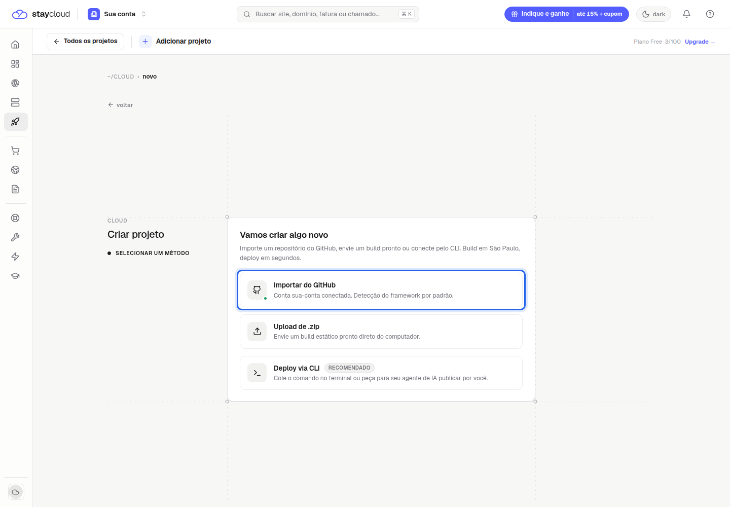 Opção Importar do GitHub para fazer deploy pelo GitHub na StayCloud