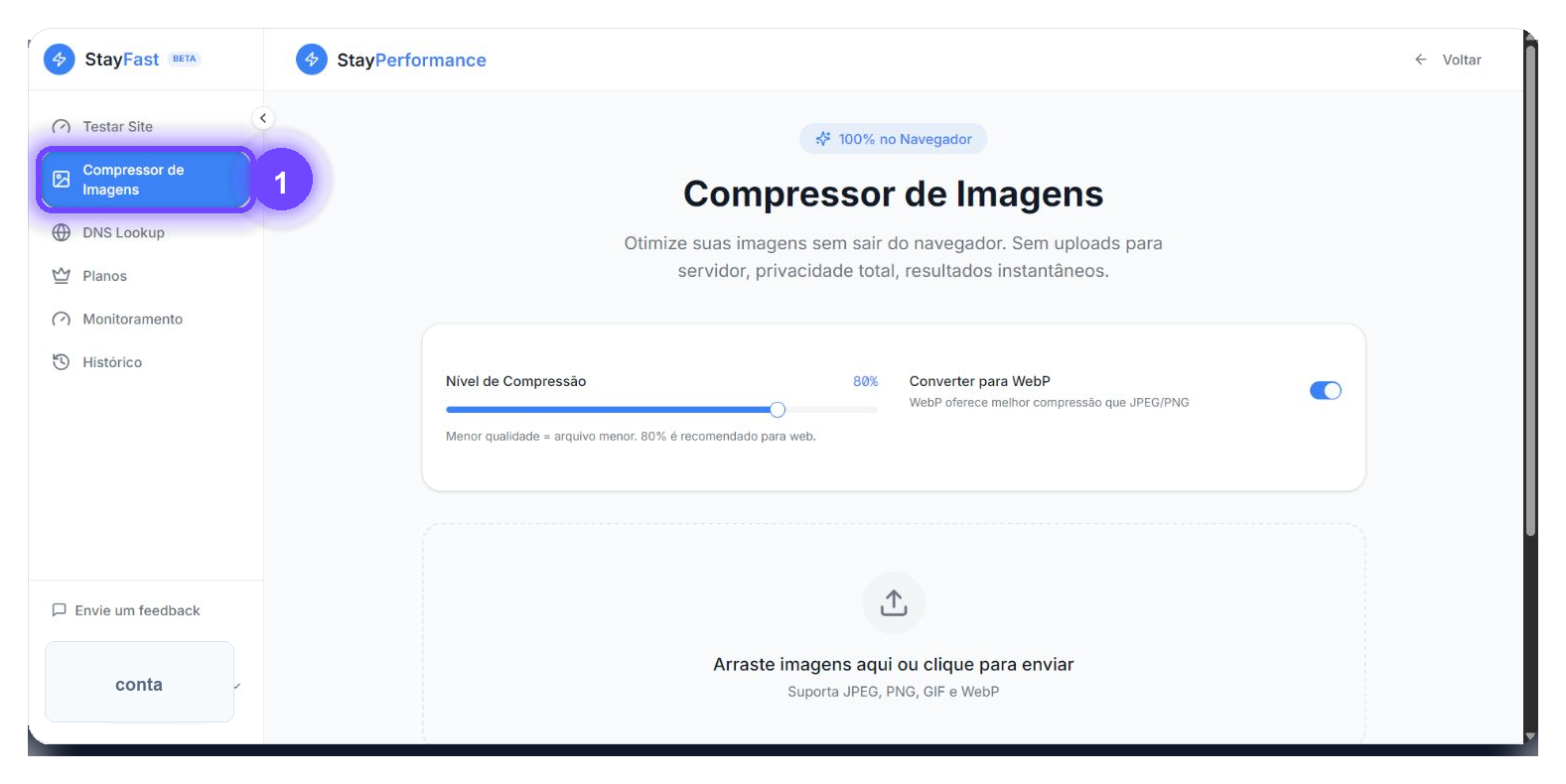 Menu para comprimir imagens no StayFast