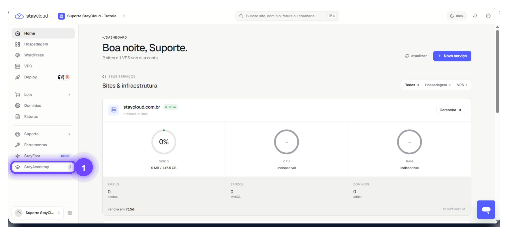 StayAcademy no Painel StayCloud destacado no menu lateral