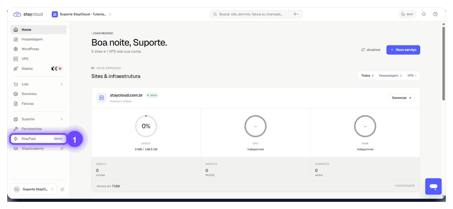 StayFast no Painel StayCloud destacado no menu lateral