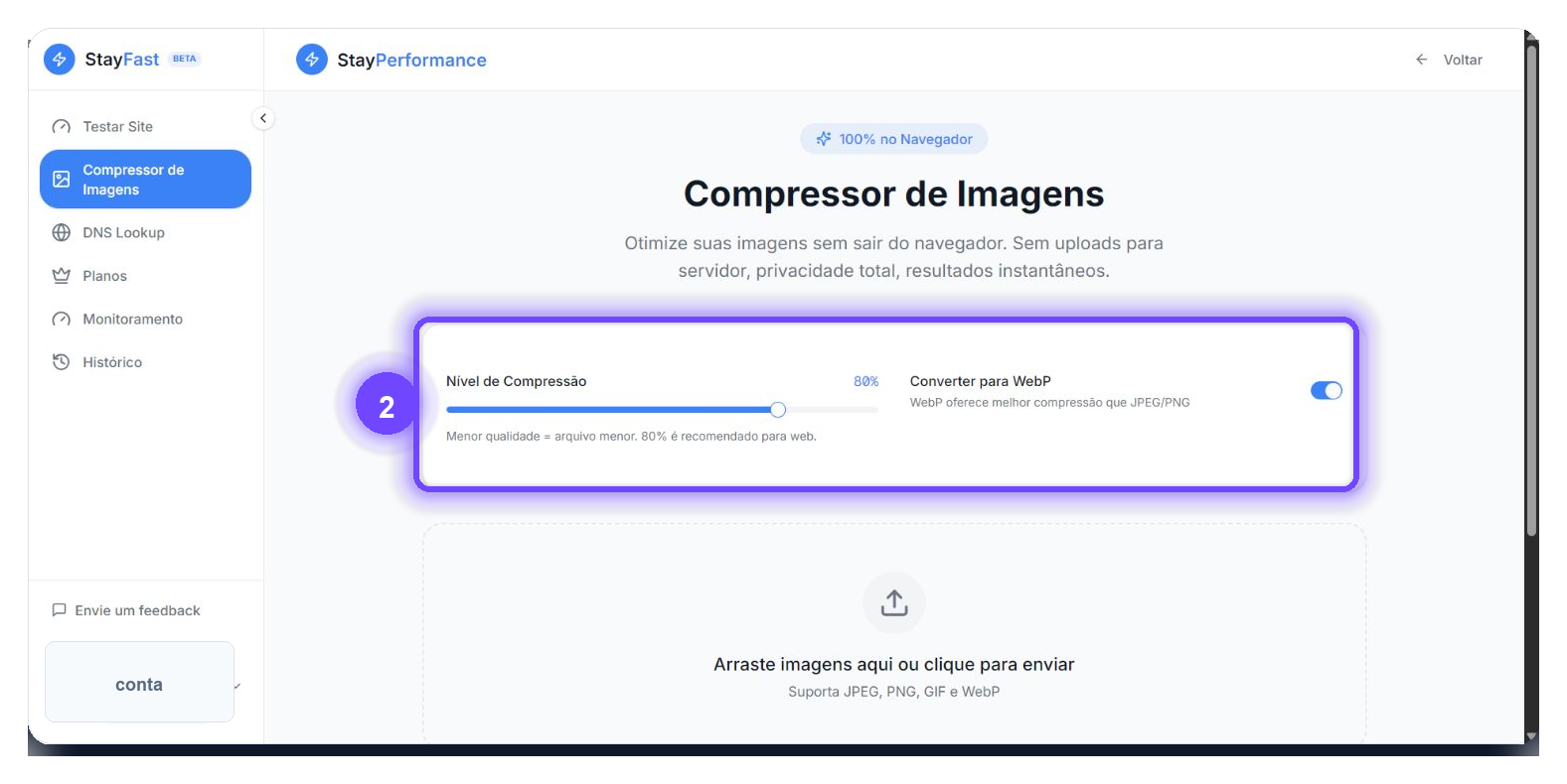 Configuração para comprimir imagens no StayFast