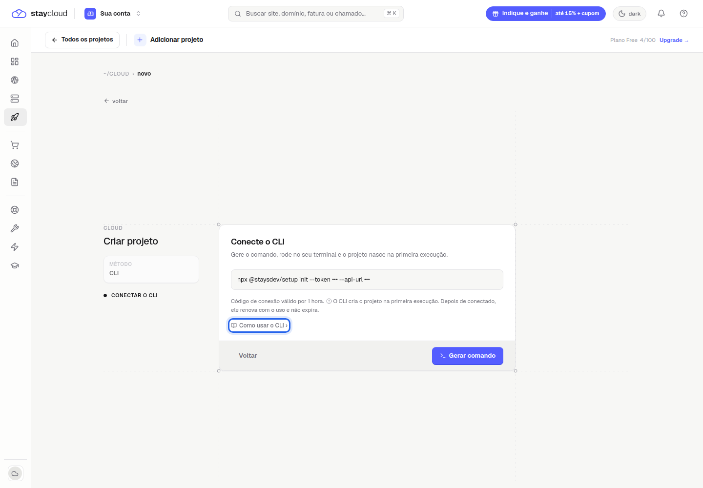 Tela Conecte o CLI com o link de instruções do deploy StayCloud com IA