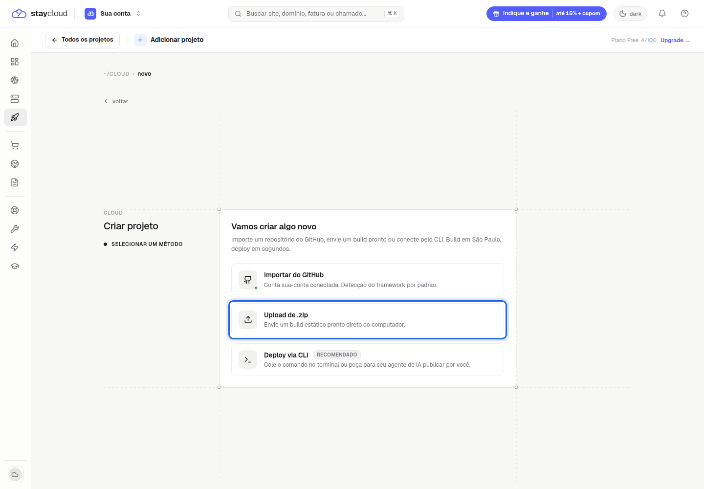 Opção Upload de zip para o primeiro deploy StayCloud