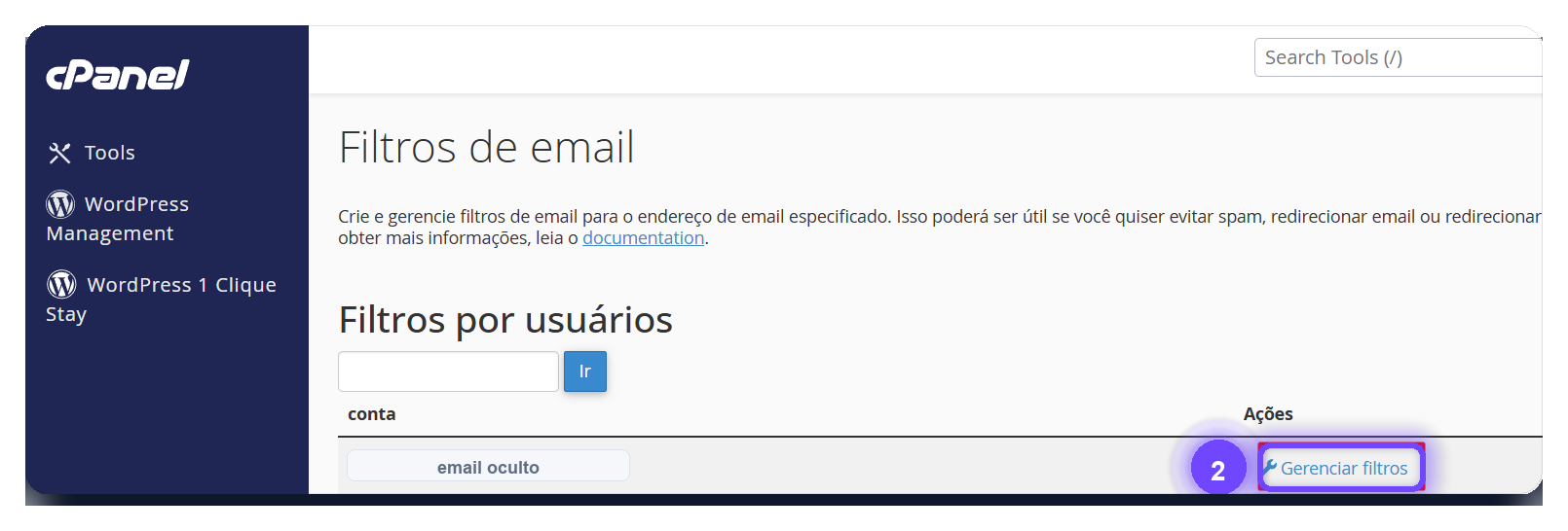 criar filtros de email cPanel - botão Gerenciar filtros da conta