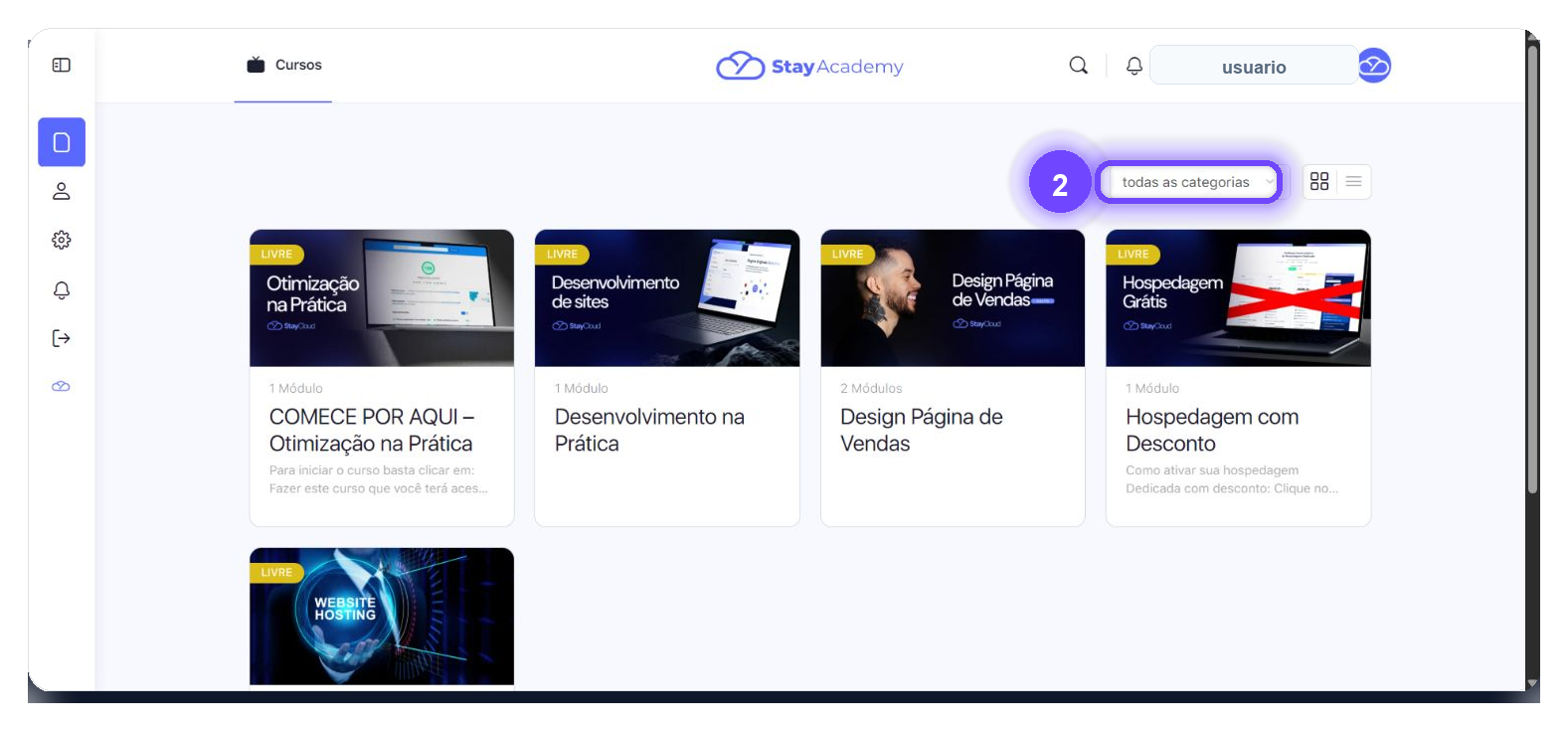 Lista de cursos do StayAcademy no Painel StayCloud