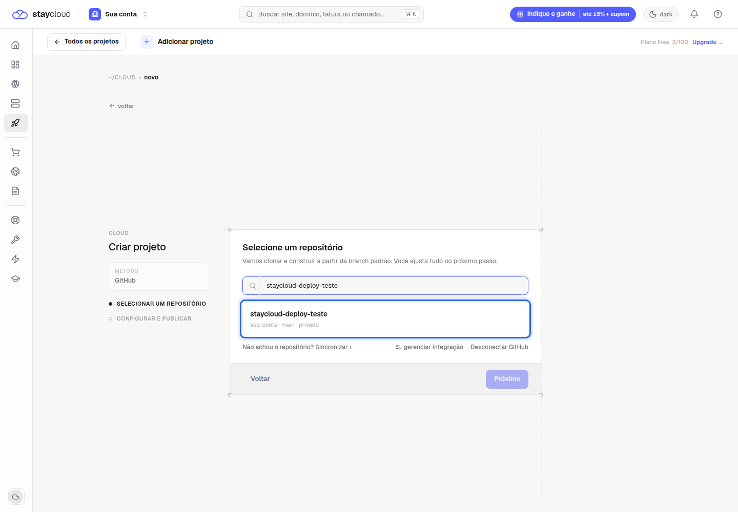 Busca e seleção do repositório para deploy pelo GitHub StayCloud