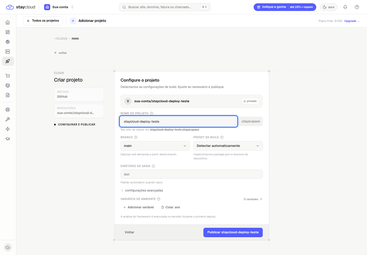 Campo nome do projeto na configuração do deploy pelo GitHub StayCloud