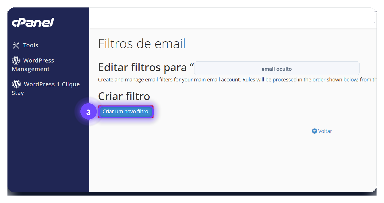 criar filtros de email cPanel - botão Criar um novo filtro