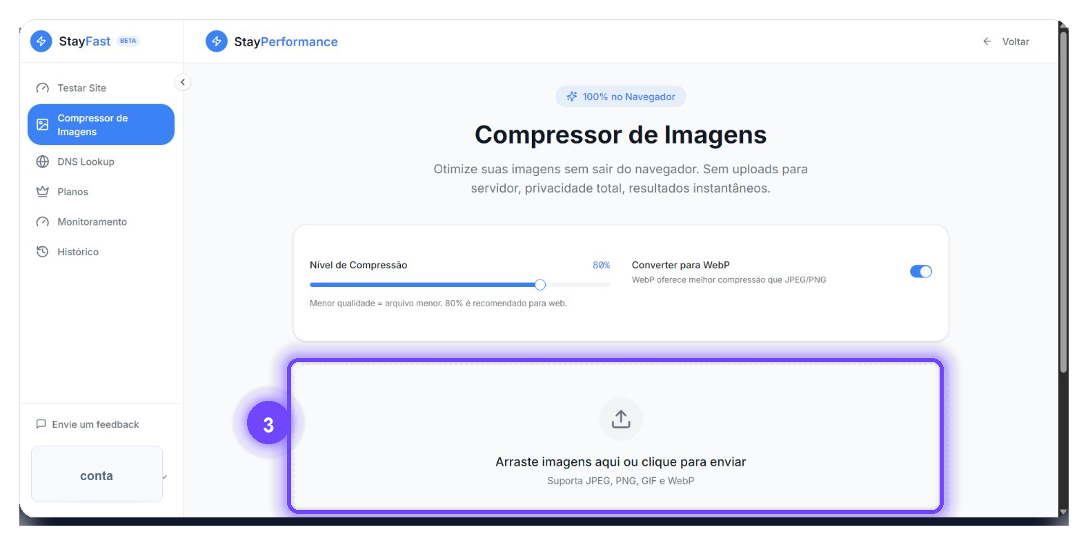 Área de envio para comprimir imagens no StayFast