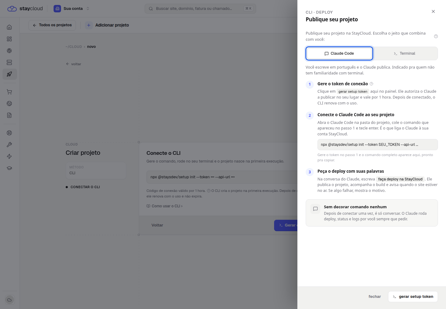 Aba Claude Code com o passo a passo do deploy na StayCloud com IA
