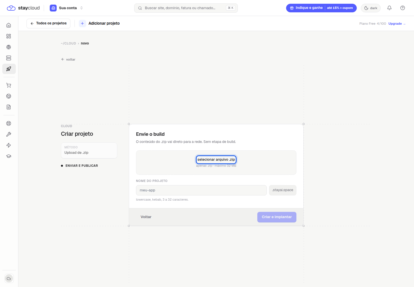 Seleção do arquivo zip no primeiro deploy StayCloud