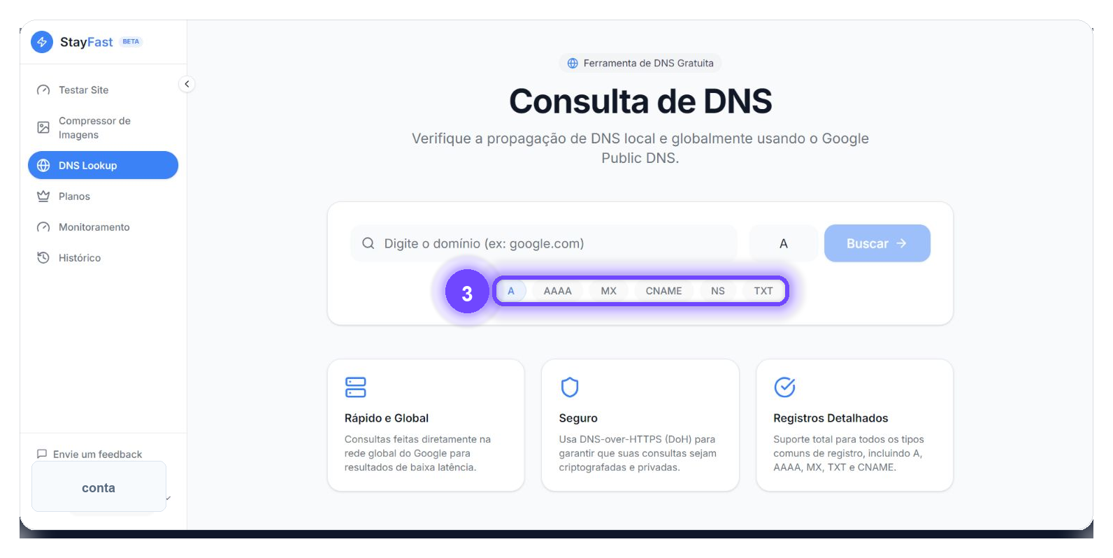 Tipos de registro para consultar DNS no StayFast
