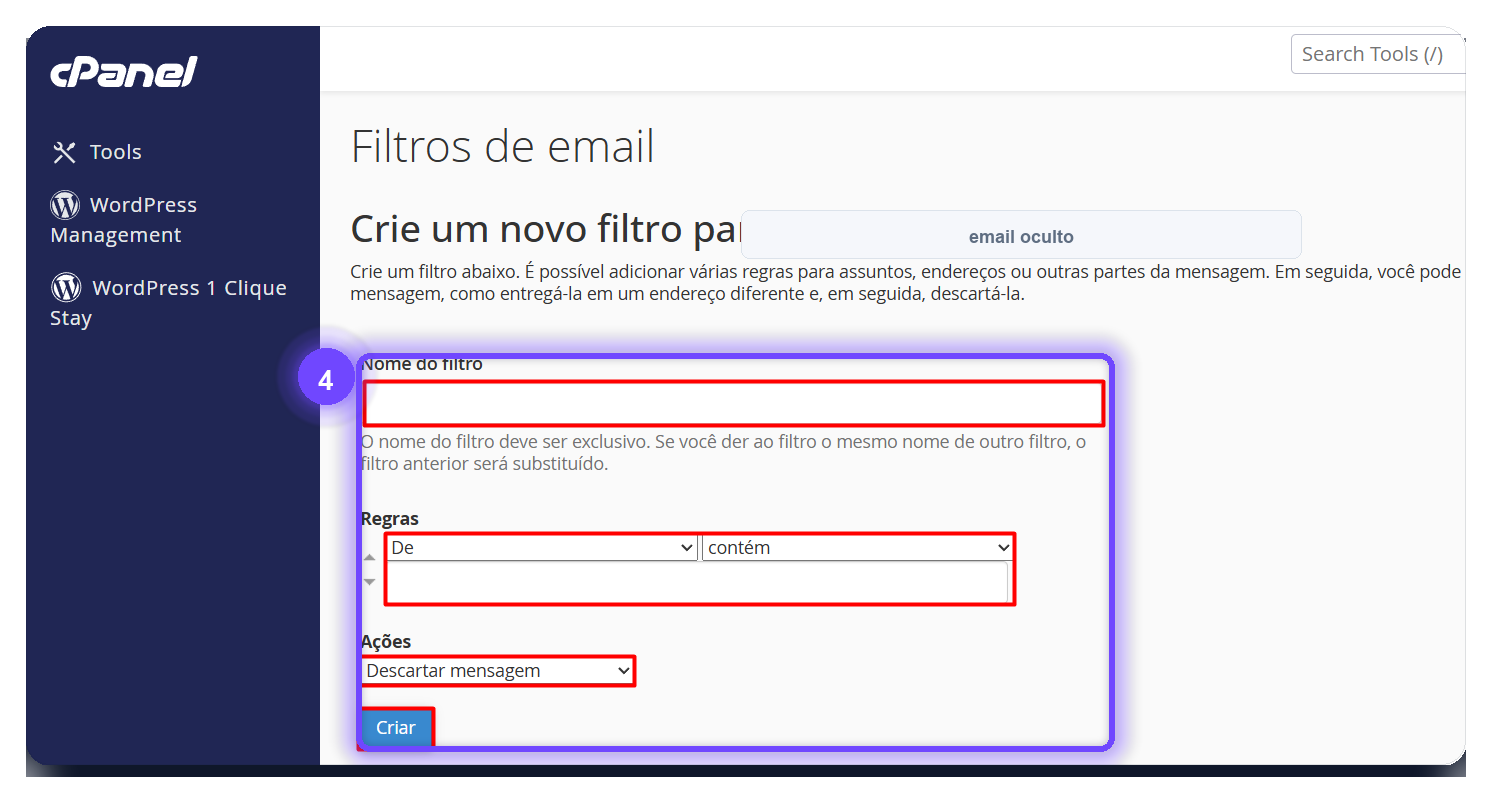 criar filtros de email cPanel - campos de regra e ação do filtro