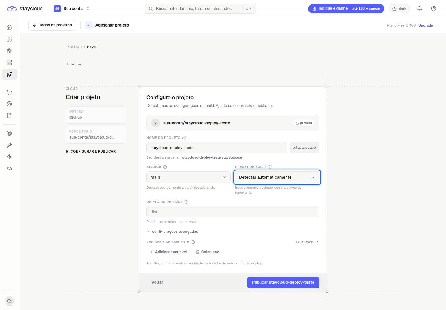 Preset de build detectado automaticamente no deploy pelo GitHub StayCloud