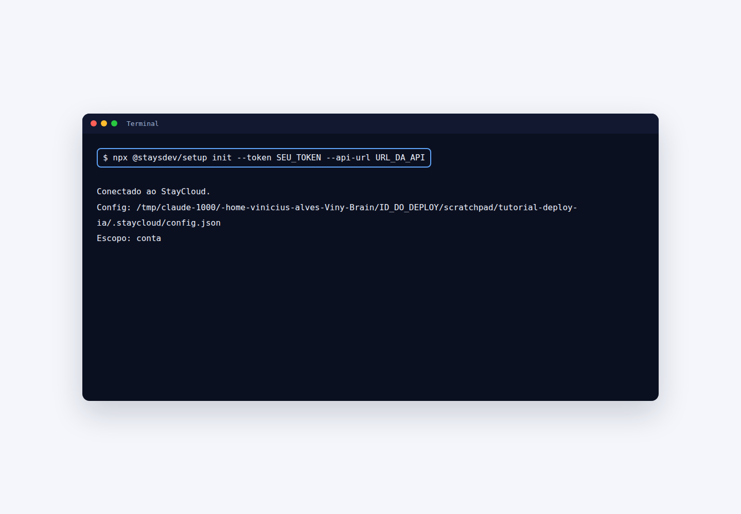 Comando de conexão executado no terminal para deploy na StayCloud com IA
