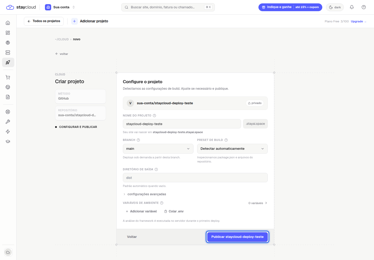 Botão publicar para concluir o deploy pelo GitHub na StayCloud