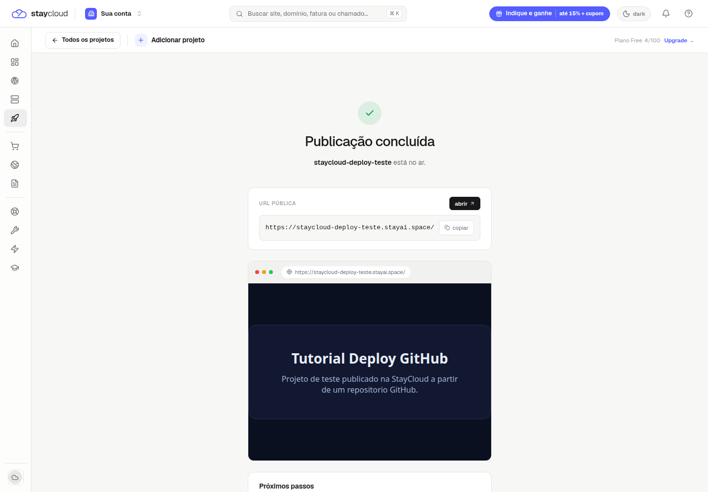 Publicação concluída com URL pública após o deploy pelo GitHub StayCloud