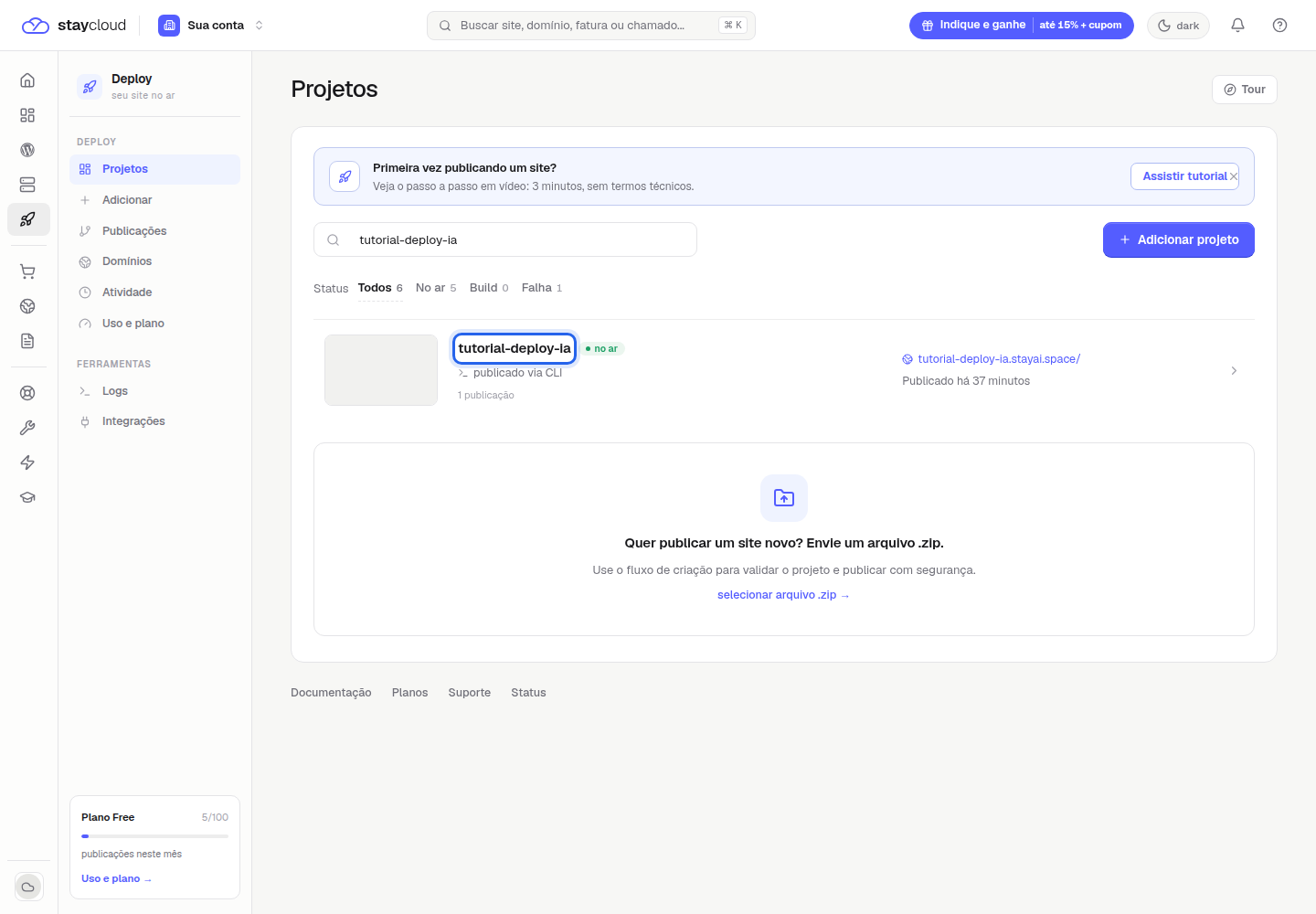 Projeto publicado pelo agente de IA na lista de projetos da StayCloud