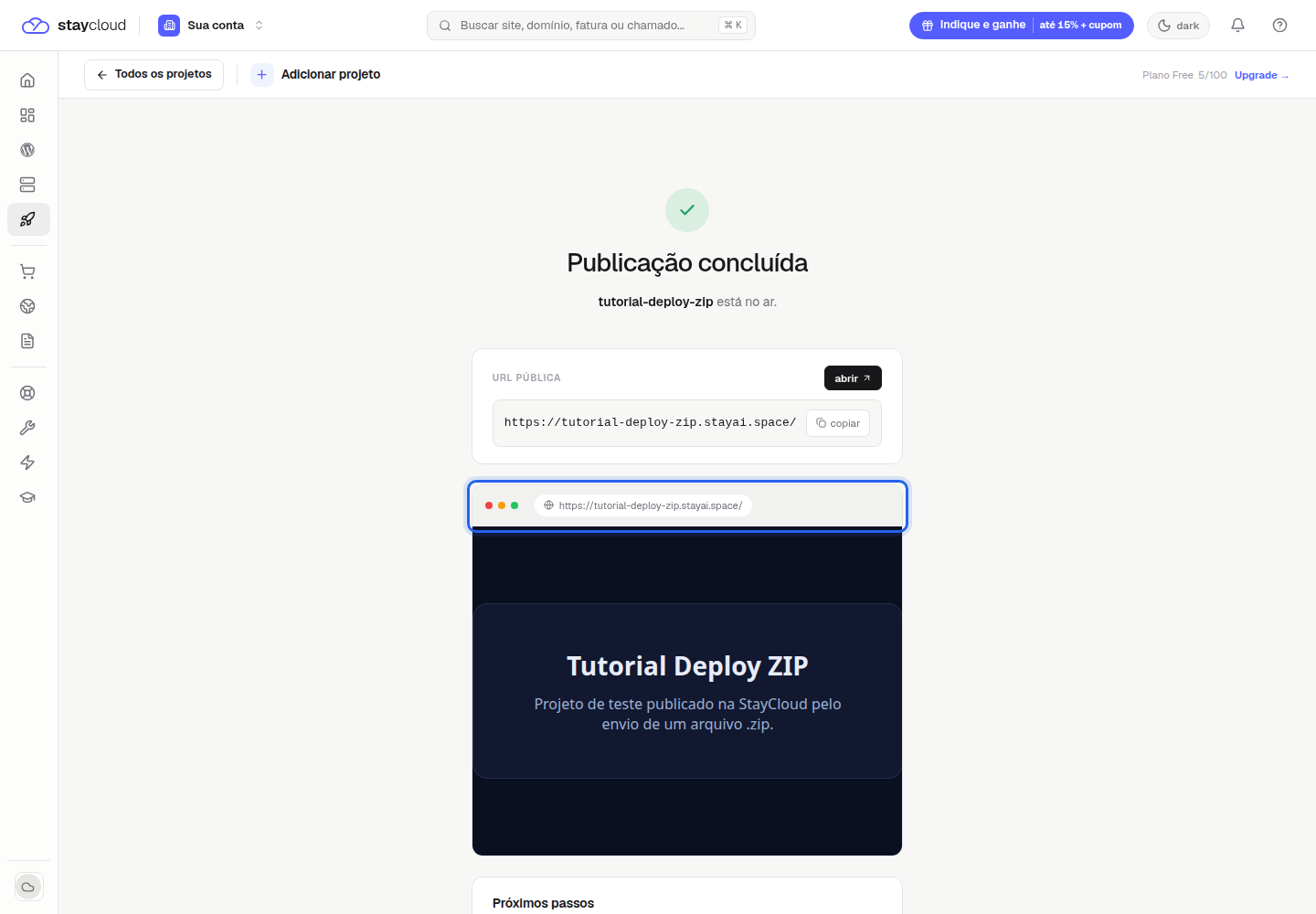 Publicação concluída com URL pública no primeiro deploy StayCloud