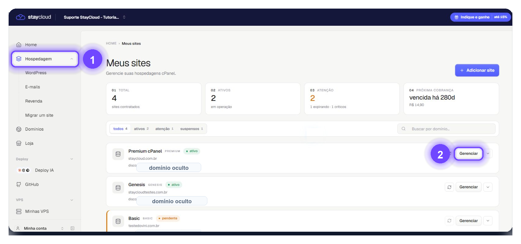 localizar dados de conexão de e-mail StayCloud - botão Gerenciar da hospedagem destacado