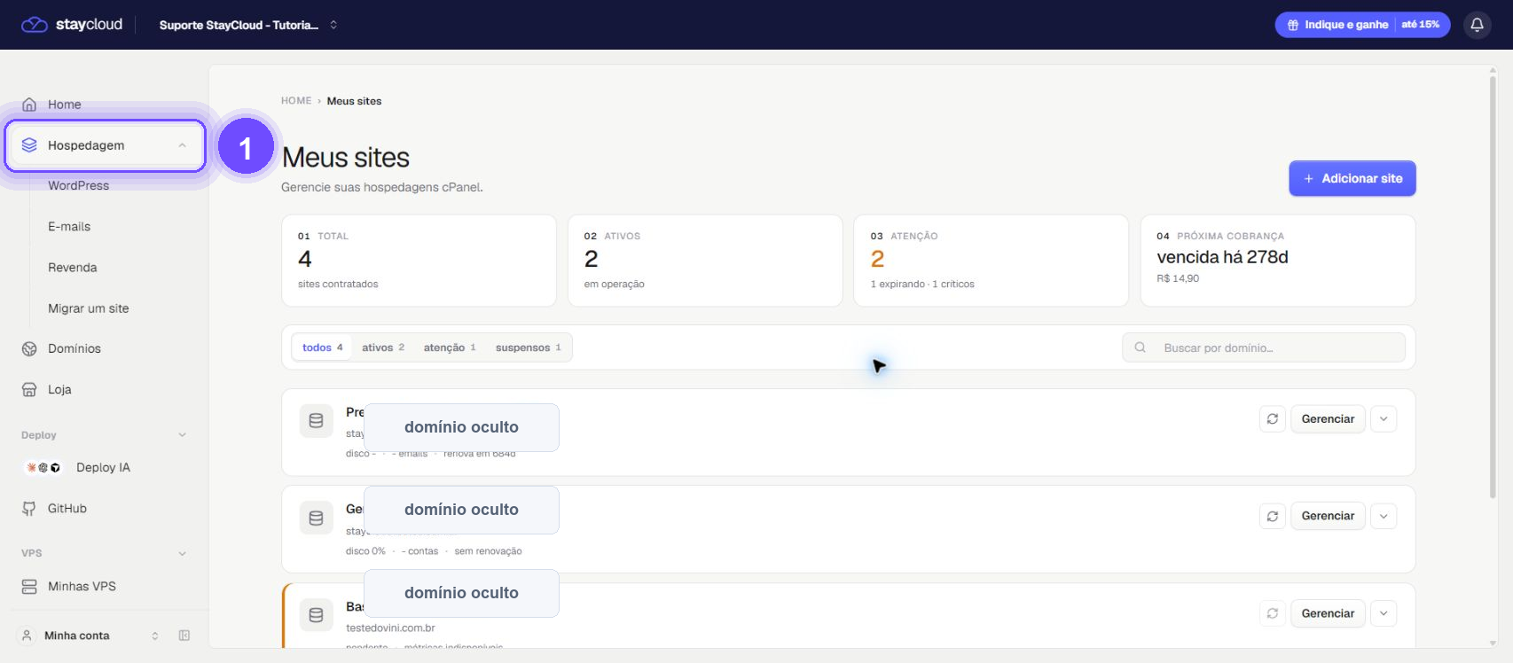 acessar WordPress na StayCloud - menu Hospedagem destacado