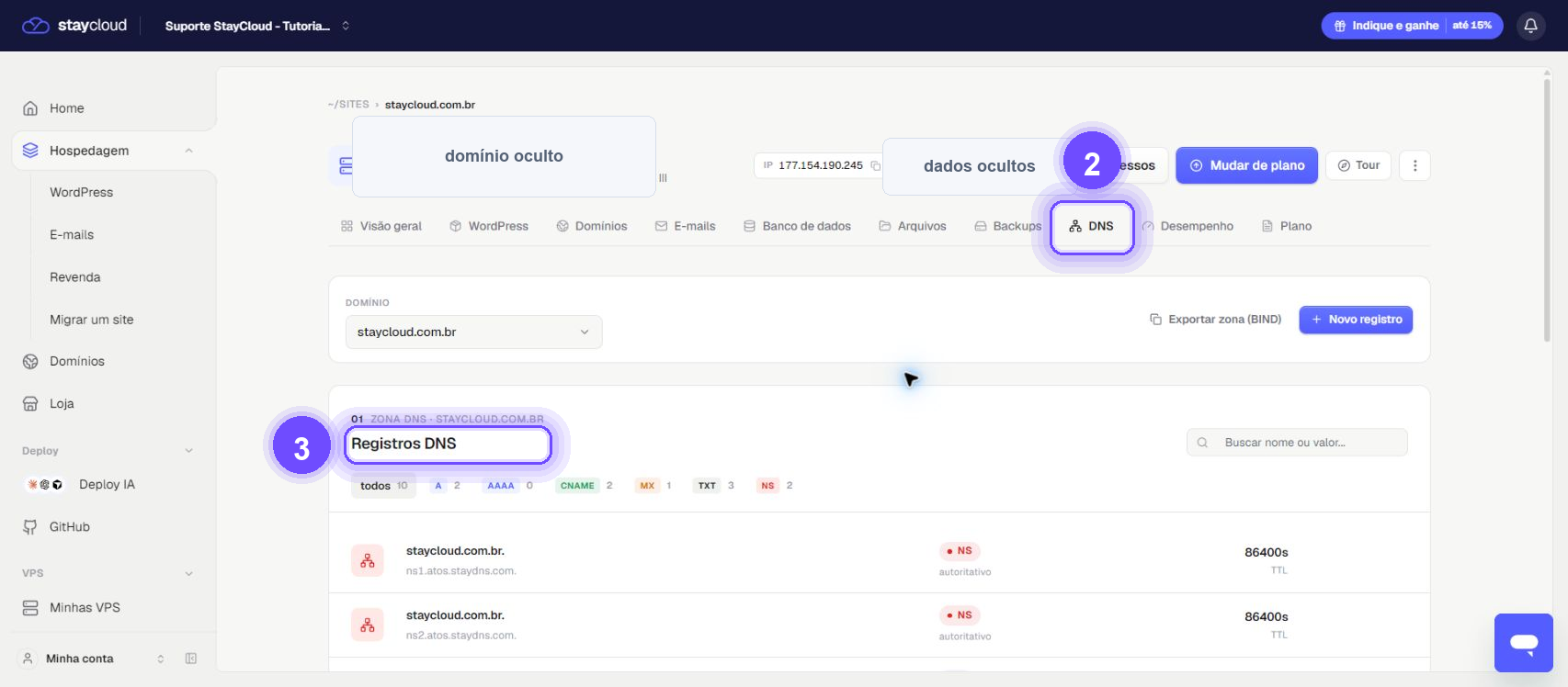 editar DNS da hospedagem no painel StayCloud - aba DNS