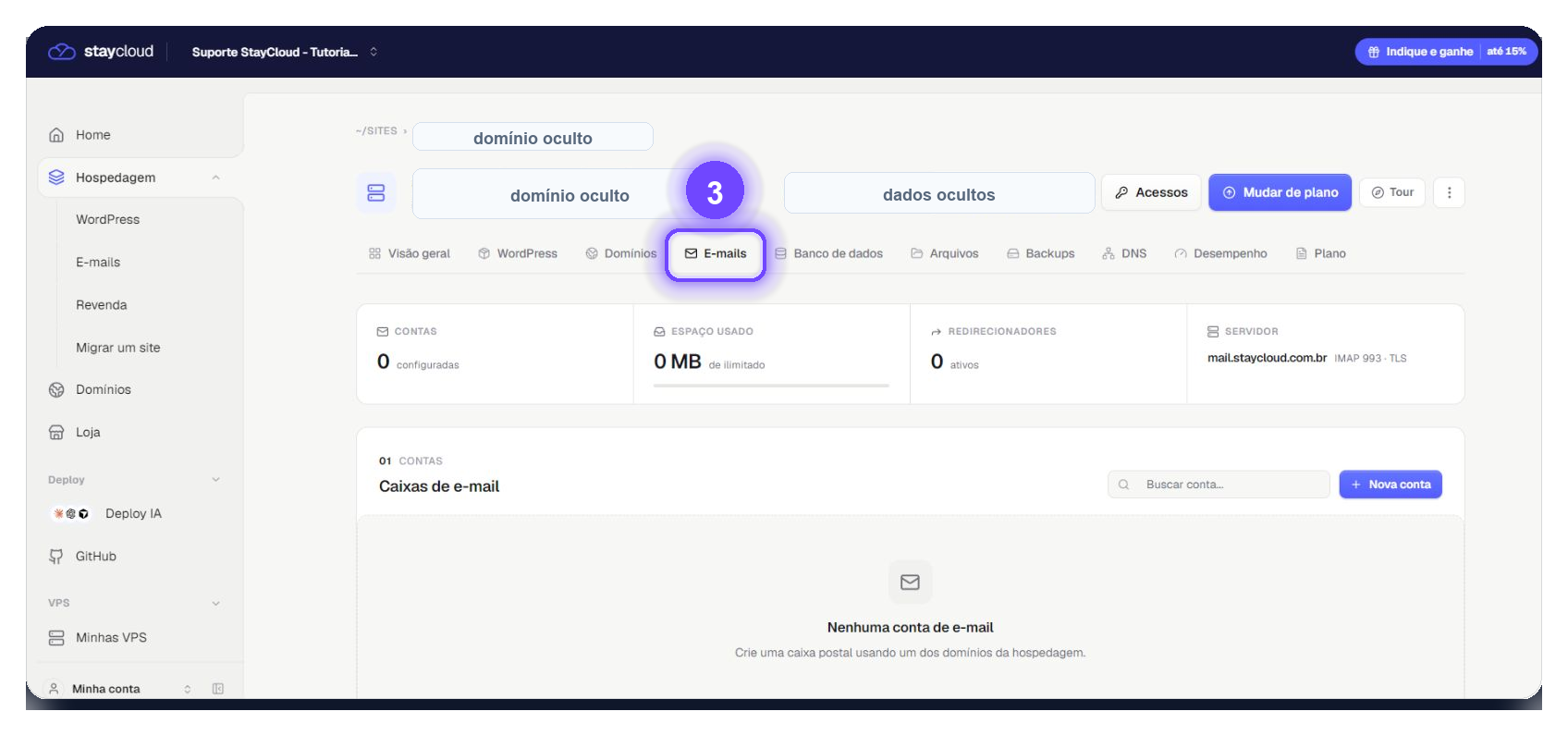 localizar dados de conexão de e-mail StayCloud - aba E-mails destacada no painel StayCloud