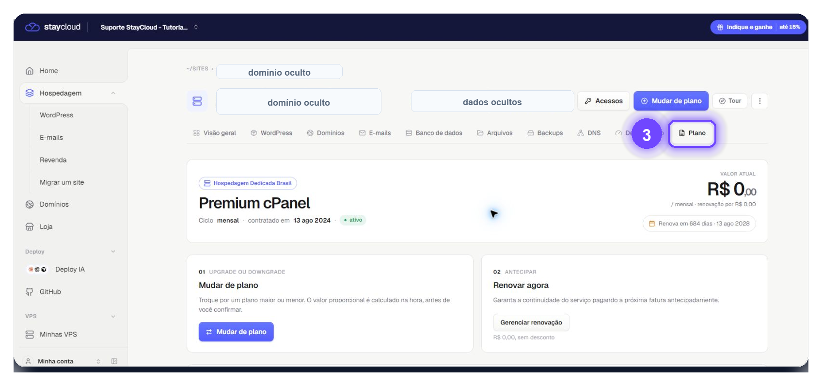 solicitar cancelamento do plano StayCloud - aba Plano destacada
