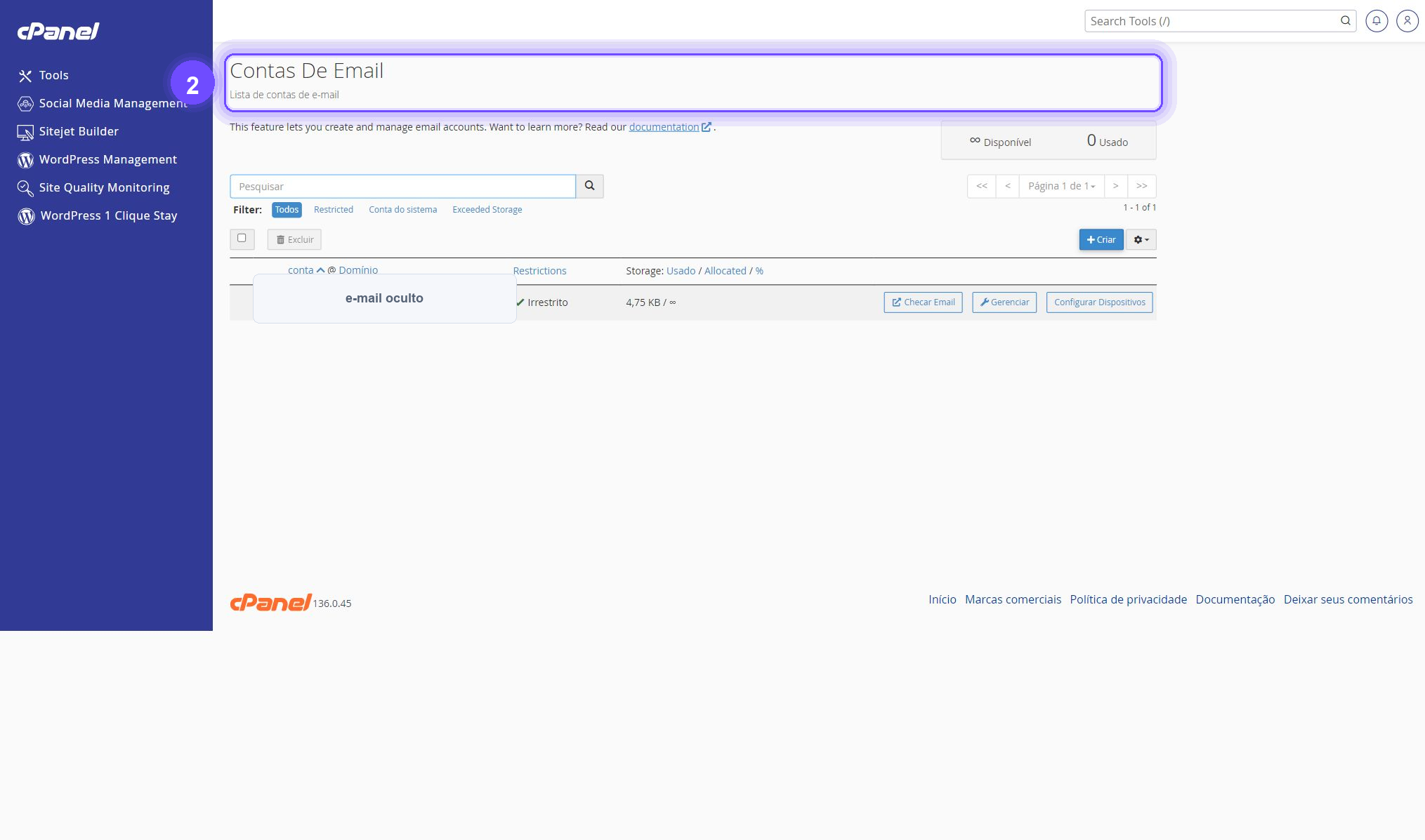 alterar senha de e-mail no cPanel - Contas de email