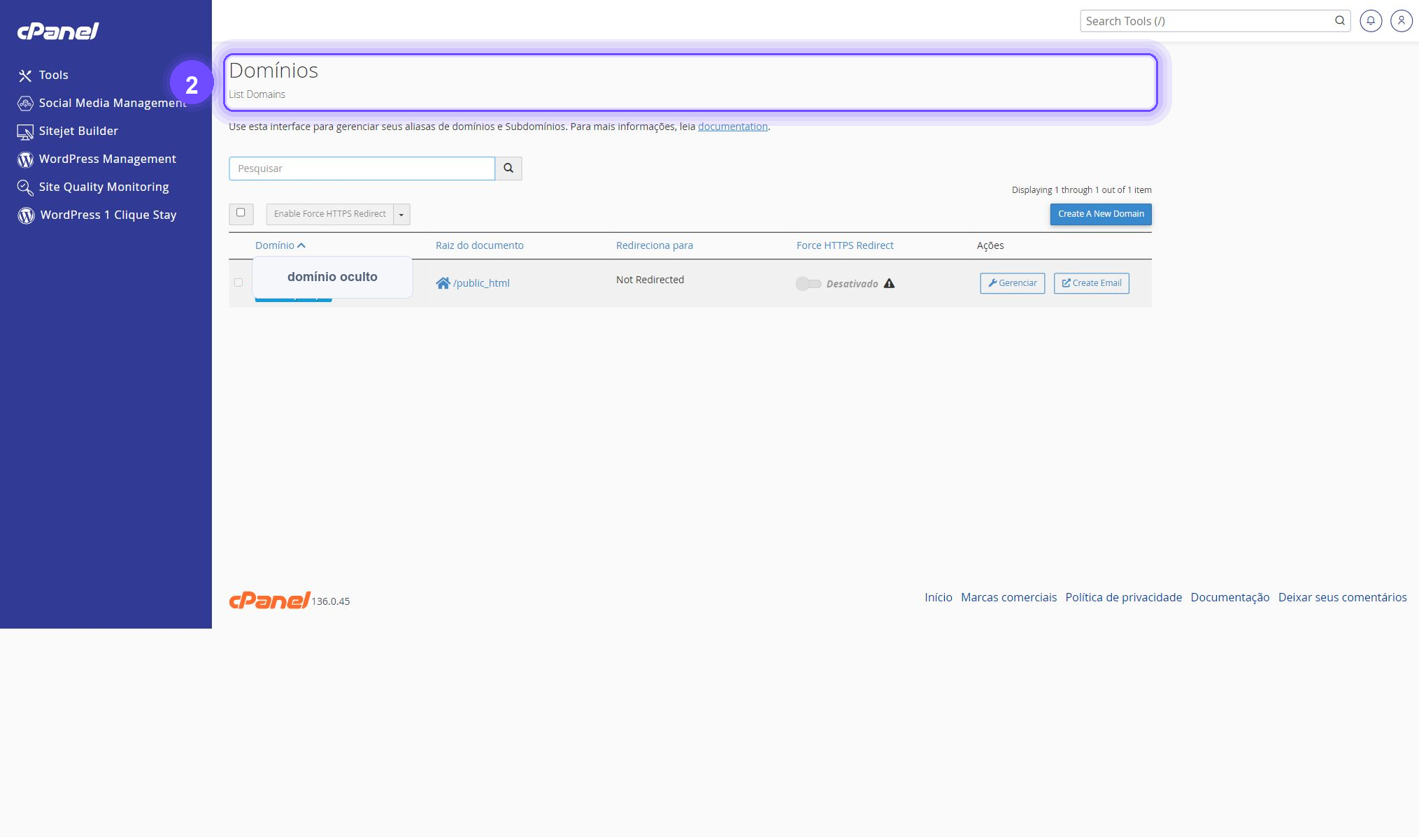 adicionar ou remover domínios no cPanel - ferramenta Domínios