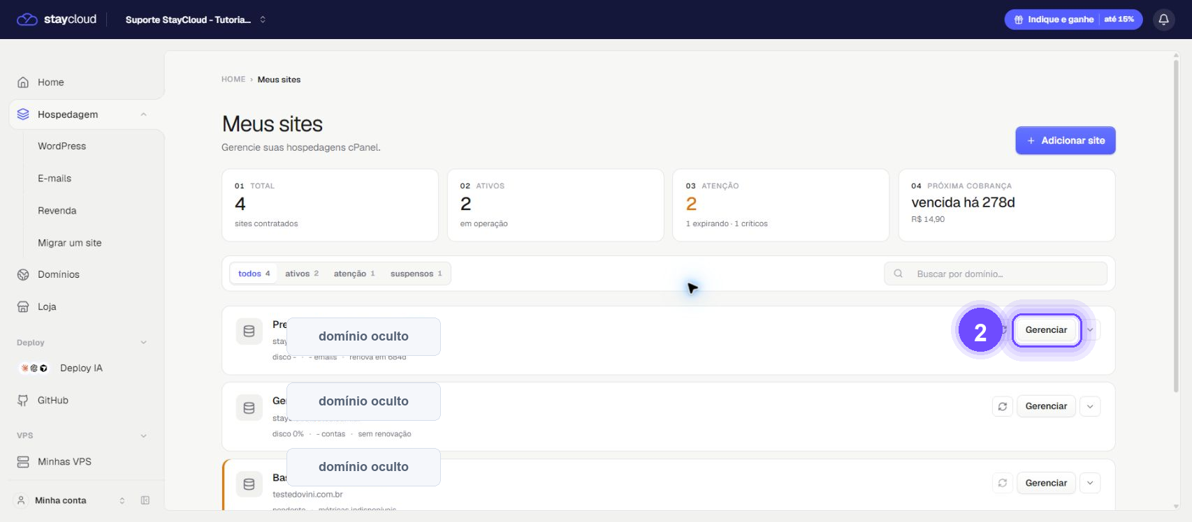 acessar WordPress na StayCloud - botão Gerenciar destacado